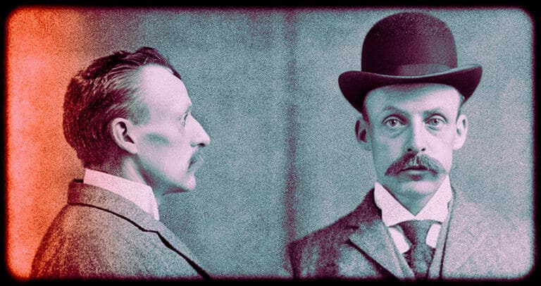 Two-panel vintage photograph showing a mustached man in profile and wearing a bowler hat.