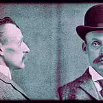 Two-panel vintage photograph of a moustached man in early 1900s clothing, shown in profile and wearing a bowler hat