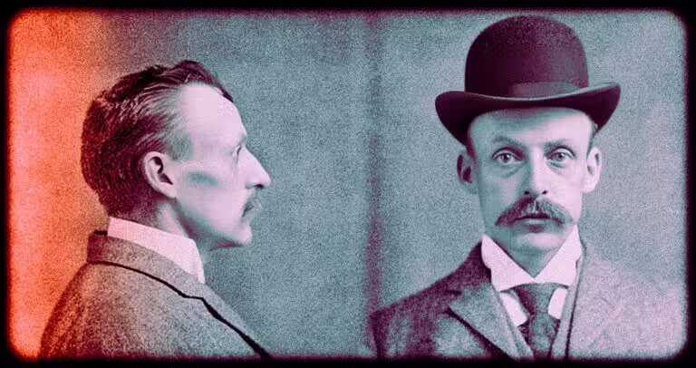 Two-panel vintage photograph of a moustached man in early 1900s clothing, shown in profile and wearing a bowler hat