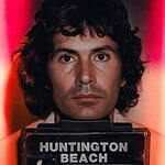Mugshot photograph of a man with long dark curly hair against a red background.