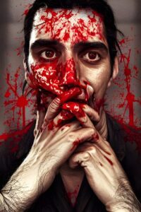 Person with red paint on face, distressed expression.
