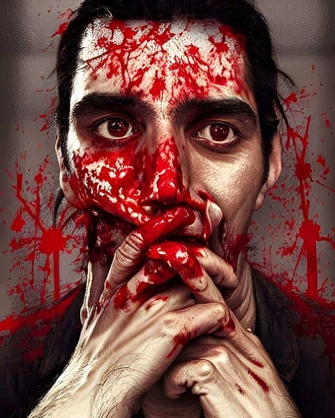 Person with red paint on face, distressed expression.
