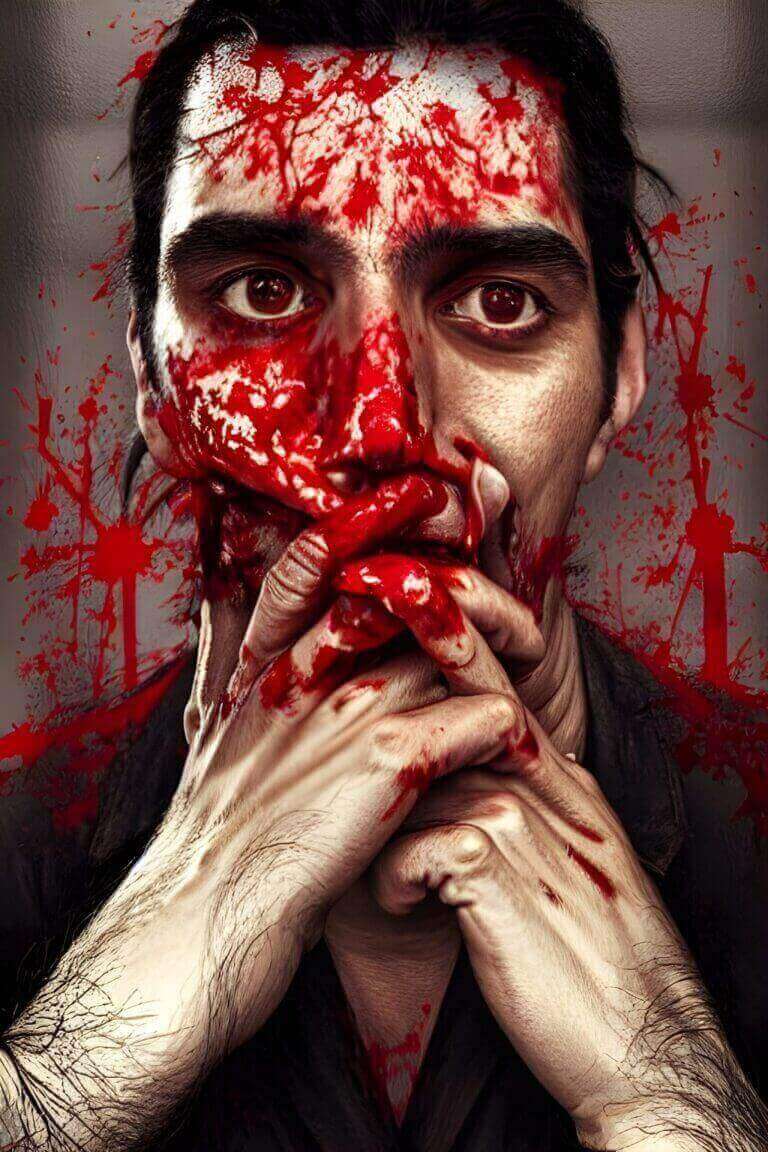 Person with red paint on face, distressed expression.