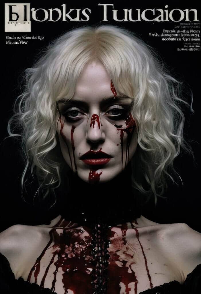 Mock magazine cover featuring a pale woman with platinum hair and dark theatrical makeup.