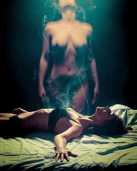 Surreal image of a woman on a bed with a ghostly figure rising, representing an out-of-body experience.