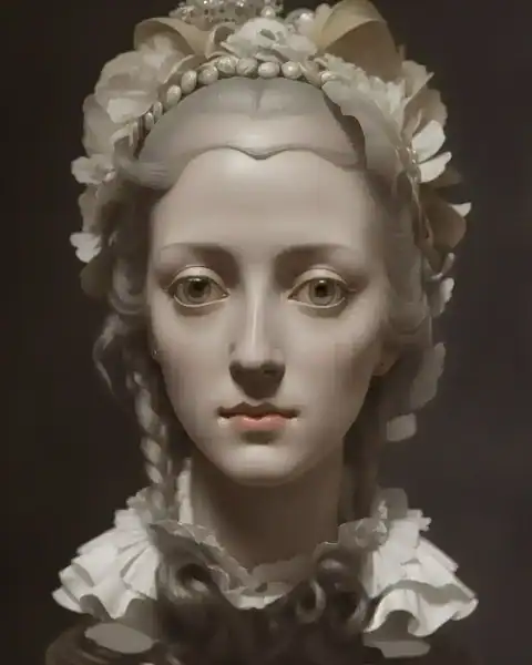 Portrait of a woman wearing an elaborate floral and pearl headdress in muted tones.
