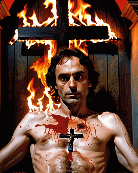 Intense portrait of a man with a burning cross, evoking symbolism and emotion.