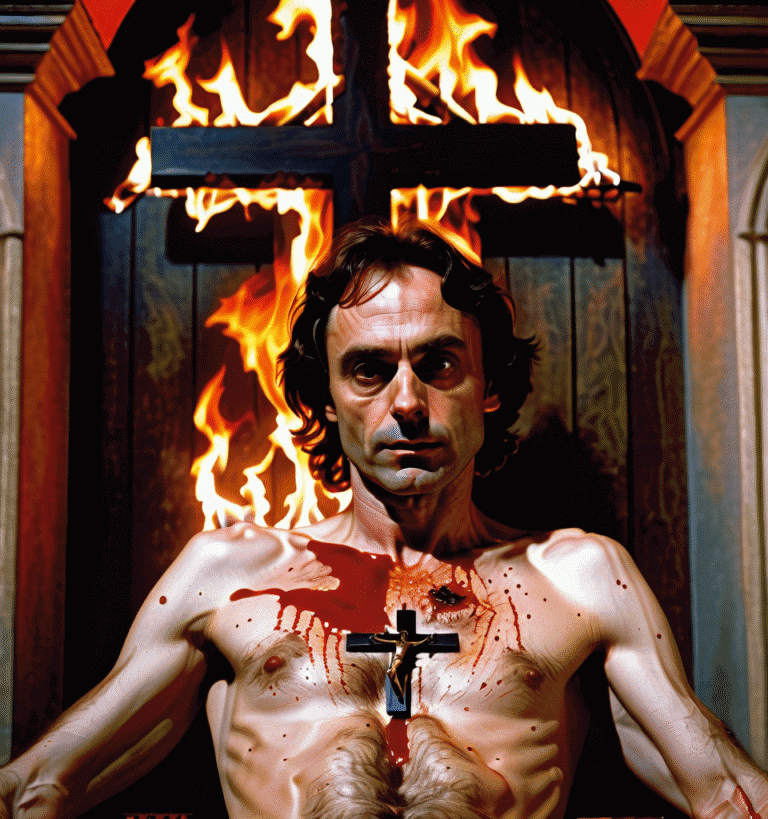 Intense portrait of a man with a burning cross, evoking symbolism and emotion.