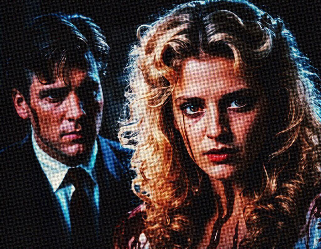 Man in suit and woman in glamorous dress in a tense, dramatic scene.