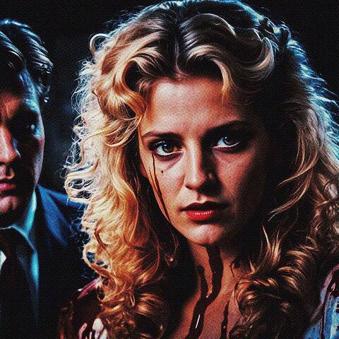 Man in suit and woman in glamorous dress in a tense, dramatic scene.