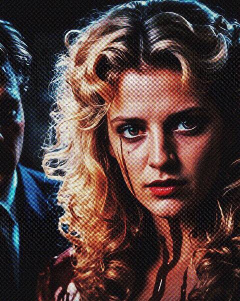 Man in suit and woman in glamorous dress in a tense, dramatic scene.
