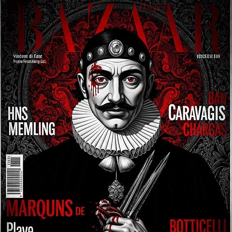 Illustrated magazine-style cover showing a mustached aristocrat wearing a jeweled headband against a red and black ornate background.