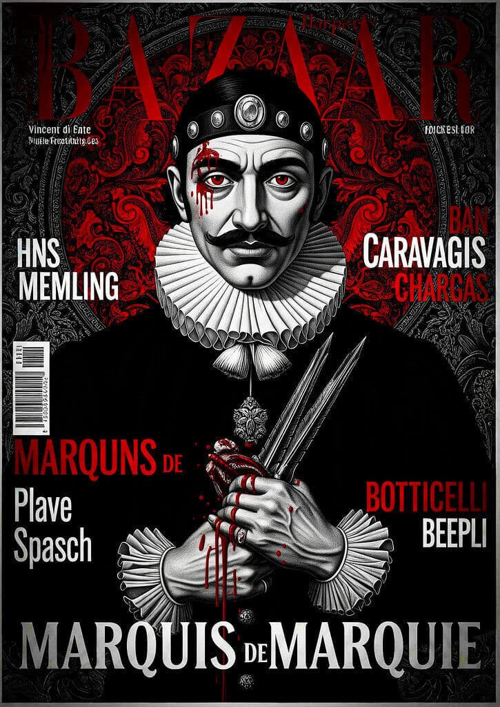 Dark-themed magazine cover featuring Marquis de Marque with sinister makeup and weapons.