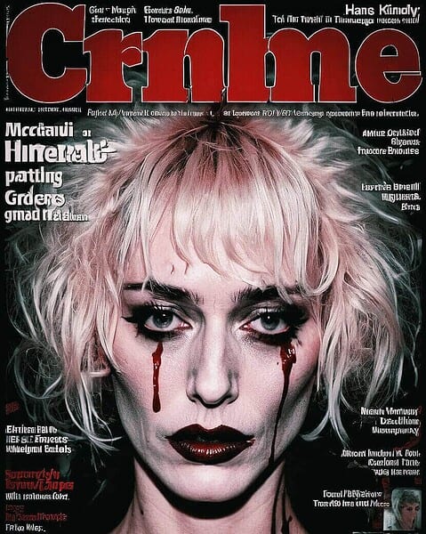 Mock true crime magazine cover with a pale blonde woman in heavy gothic makeup.
