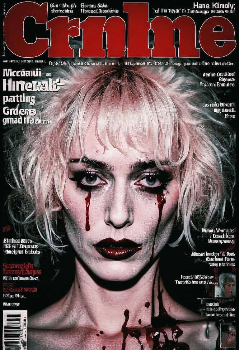 Mock true crime magazine cover with a pale blonde woman in heavy gothic makeup.