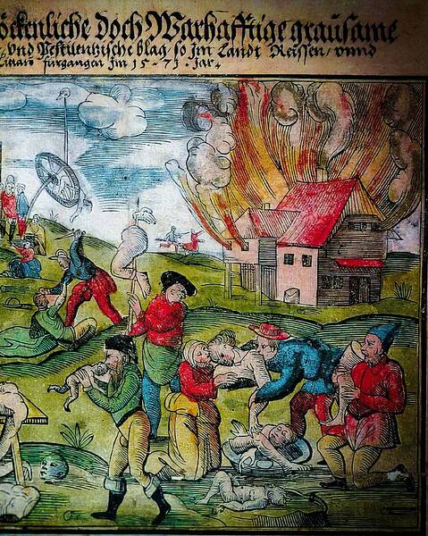 Hand-coloured 16th-century woodcut broadsheet showing villagers, burning houses and gallows.