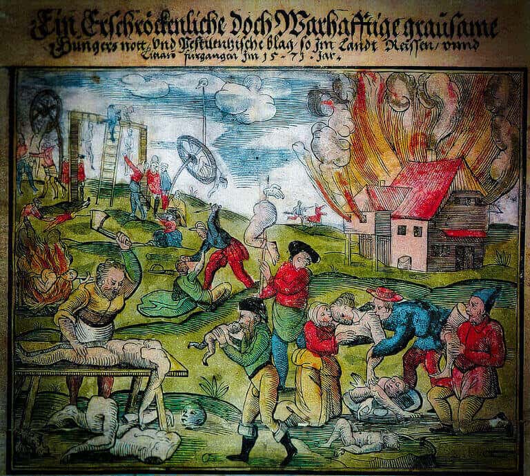 Hand-coloured 16th-century woodcut broadsheet showing villagers, burning houses and gallows.