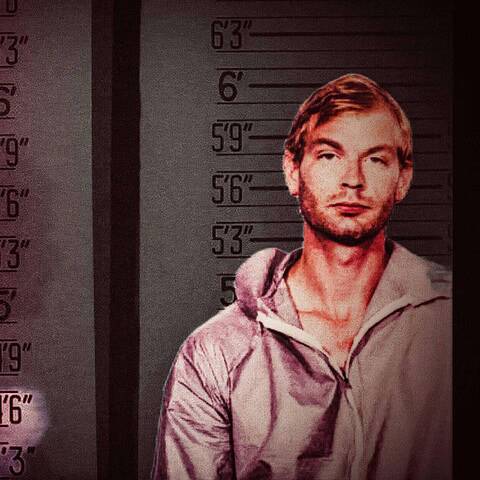 Profile and front-facing booking mugshots of Jeffrey Dahmer against a height chart, dated 7-23-91.