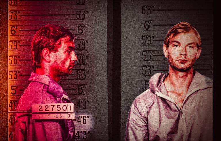 Profile and front-facing booking mugshots of Jeffrey Dahmer against a height chart, dated 7-23-91.