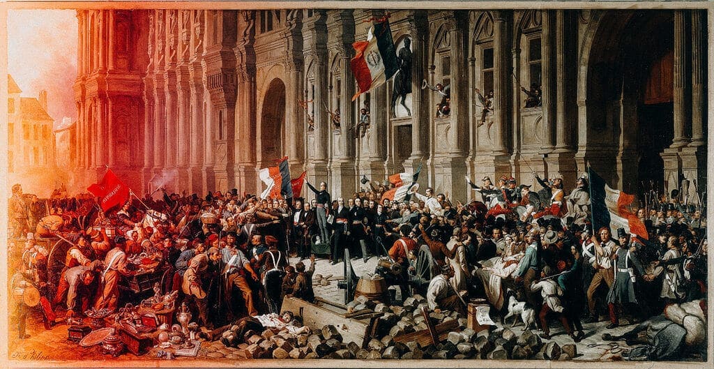 Historical scene depicting chaos and violence in a city street with flags and crowds.