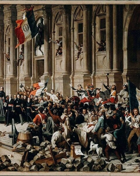 Painting of a large crowd with tricolour and red flags outside the Paris Hotel de Ville in 1848.