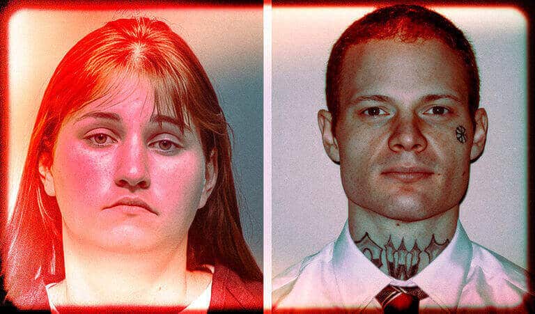 Side-by-side booking photos of Holly Grigsby and David Pedersen, who has facial and neck tattoos.