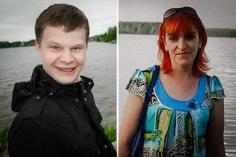 Side-by-side photographs of a young man in a black jacket and a red-haired woman by a lake.
