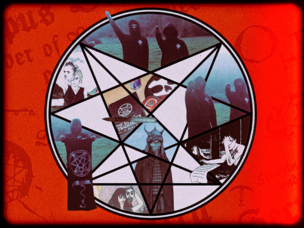 Red collage illustration arranged in a nine-pointed star with hooded figures and occult symbols.