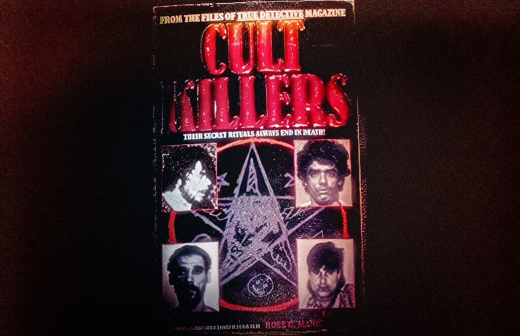 Alt text: Political activism poster with protest images, pentagram, and provocative text on dark background.