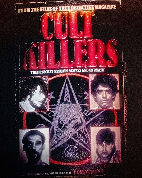 Vintage paperback cover titled Cult Killers with a pentagram and portrait photos.