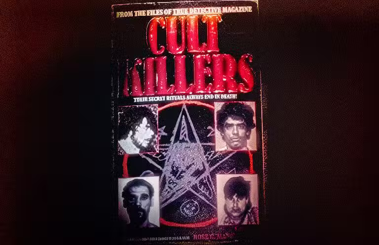 Vintage paperback cover titled Cult Killers with a pentagram and portrait photos.