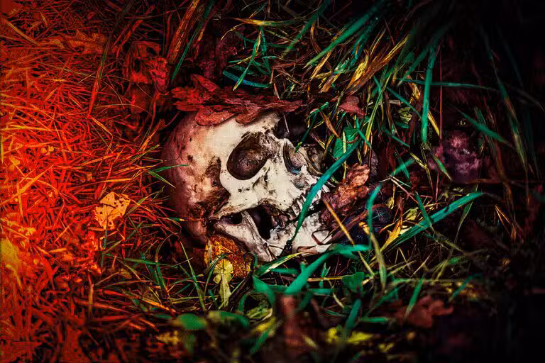Human skull surrounded by grass and leaves, evoking themes of mortality and the darker side of humanity.