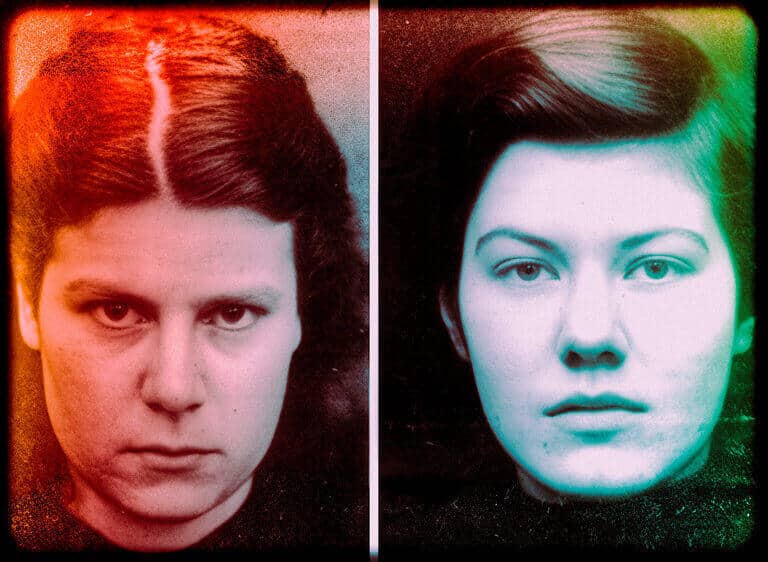 Two vintage portrait photographs of teenage girls placed side by side, dated 1954.