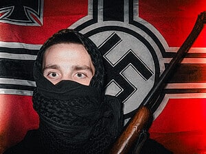 Neo-Nazi symbol and flag with hate speech scene.