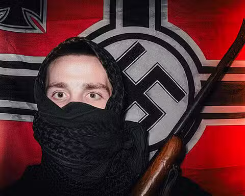 Neo-Nazi symbol and flag with hate speech scene.