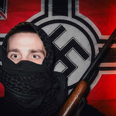 Neo-Nazi symbol and flag with hate speech scene.