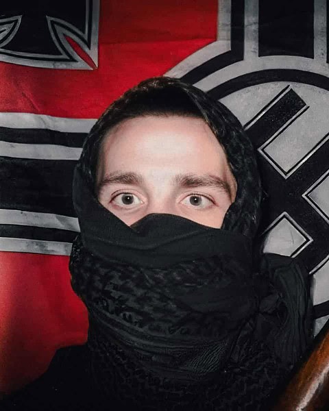 Neo-Nazi symbol and flag with hate speech scene.