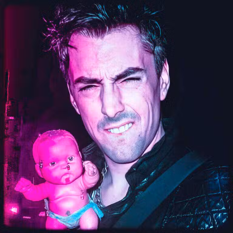 A man pulling a face while holding a plastic baby doll, lit in neon pink and blue.