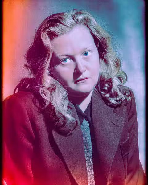 Eerie portrait with intense blue eyes and vintage style, capturing the dark depths of human nature.