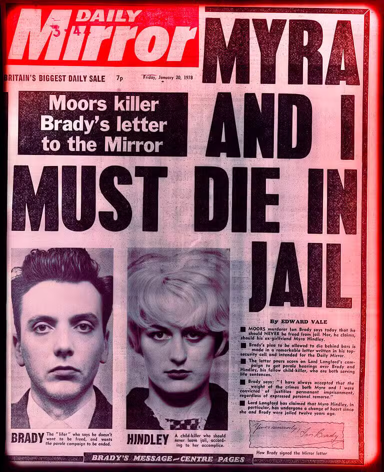Front page of the Daily Mirror dated 20 January 1978 with a large headline about the Moors case.