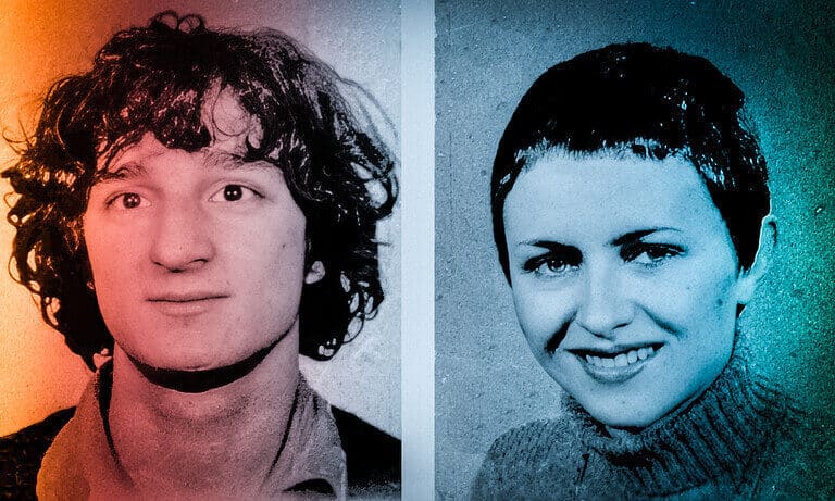 Side-by-side vintage portrait photos of a young man and a young woman.