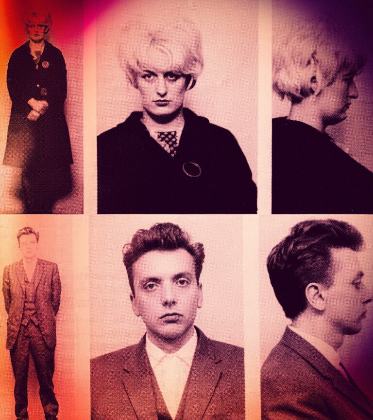 Three archive police photographs of a woman with light bouffant hair, shown full length, front and profile.