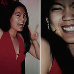 A side-by-side pair of photographs showing a smiling young woman in a red top.