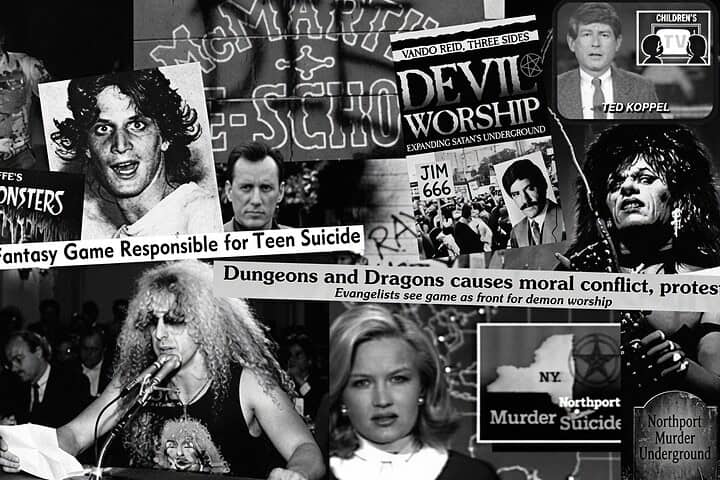 A black and white collage of 1980s newspaper headlines, TV stills and photographs about satanic panic claims.