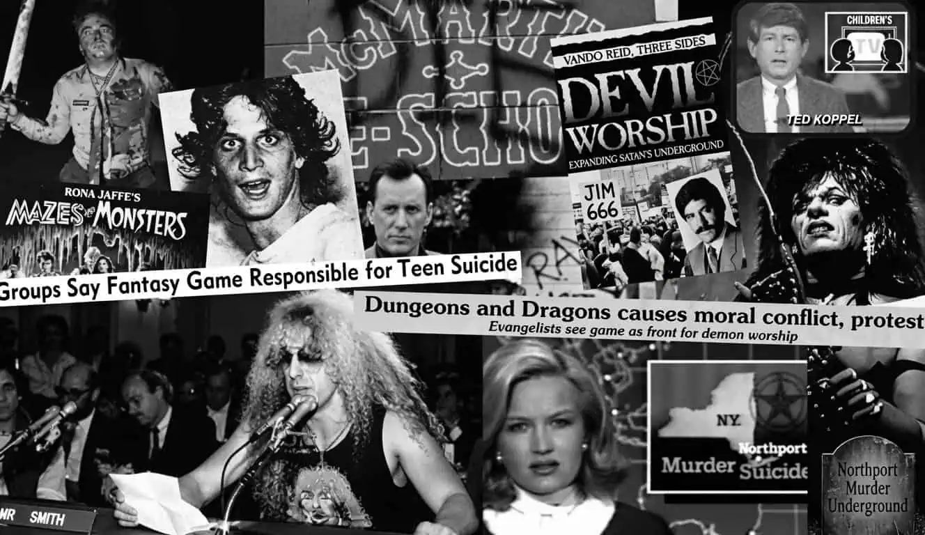 A black and white collage of 1980s newspaper headlines, TV stills and photographs about satanic panic claims.