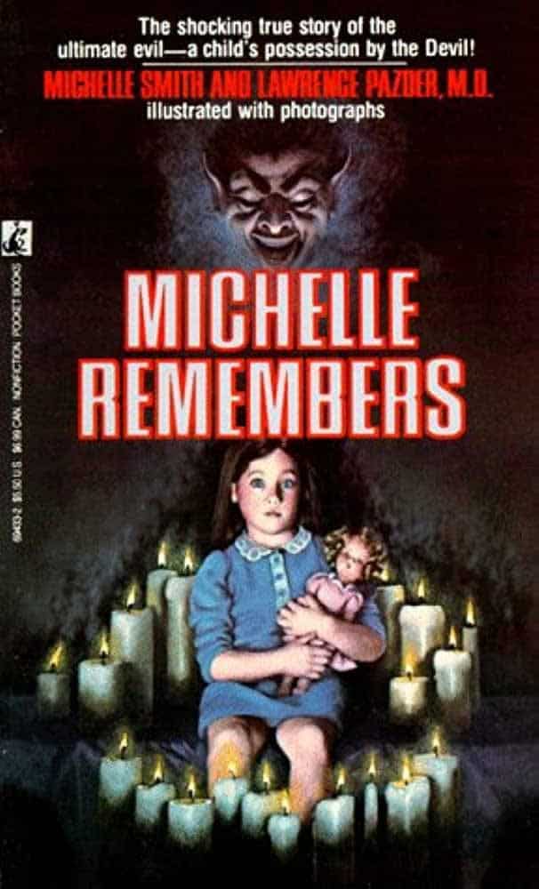 Paperback cover of the book Michelle Remembers, showing a red-lit demonic face and the authors’ names.