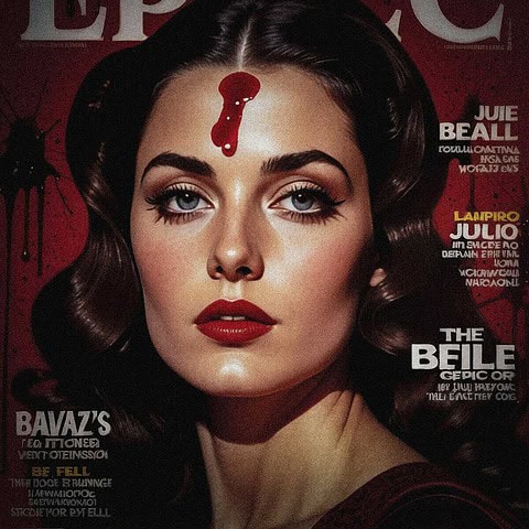 Vintage-style true crime magazine cover featuring a close-up portrait of a woman with dark hair and red lipstick.