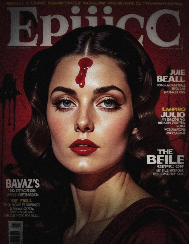 Vintage-style true crime magazine cover featuring a close-up portrait of a woman with dark hair and red lipstick.