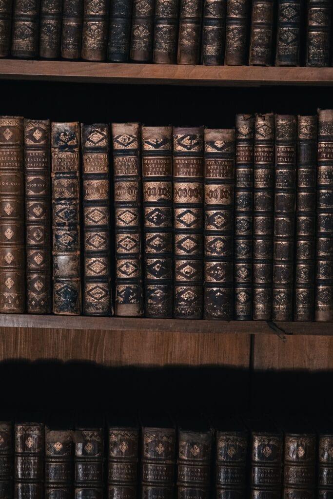 Vintage leather-bound books on shelves in a historic Vienna library.