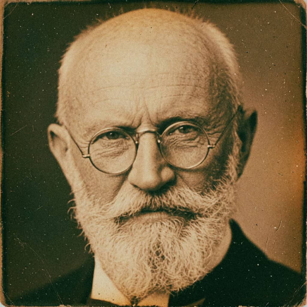 A sepia-toned vintage portrait of an older balding man wearing round wire-rimmed glasses.